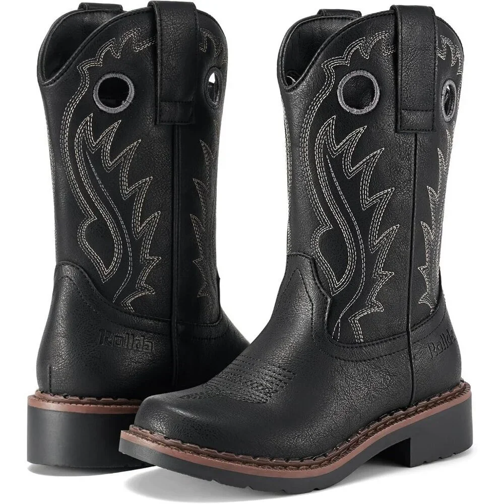 Kids Black Classic Western Boots Square Toe Girls Cowgirl Boots For Toddler